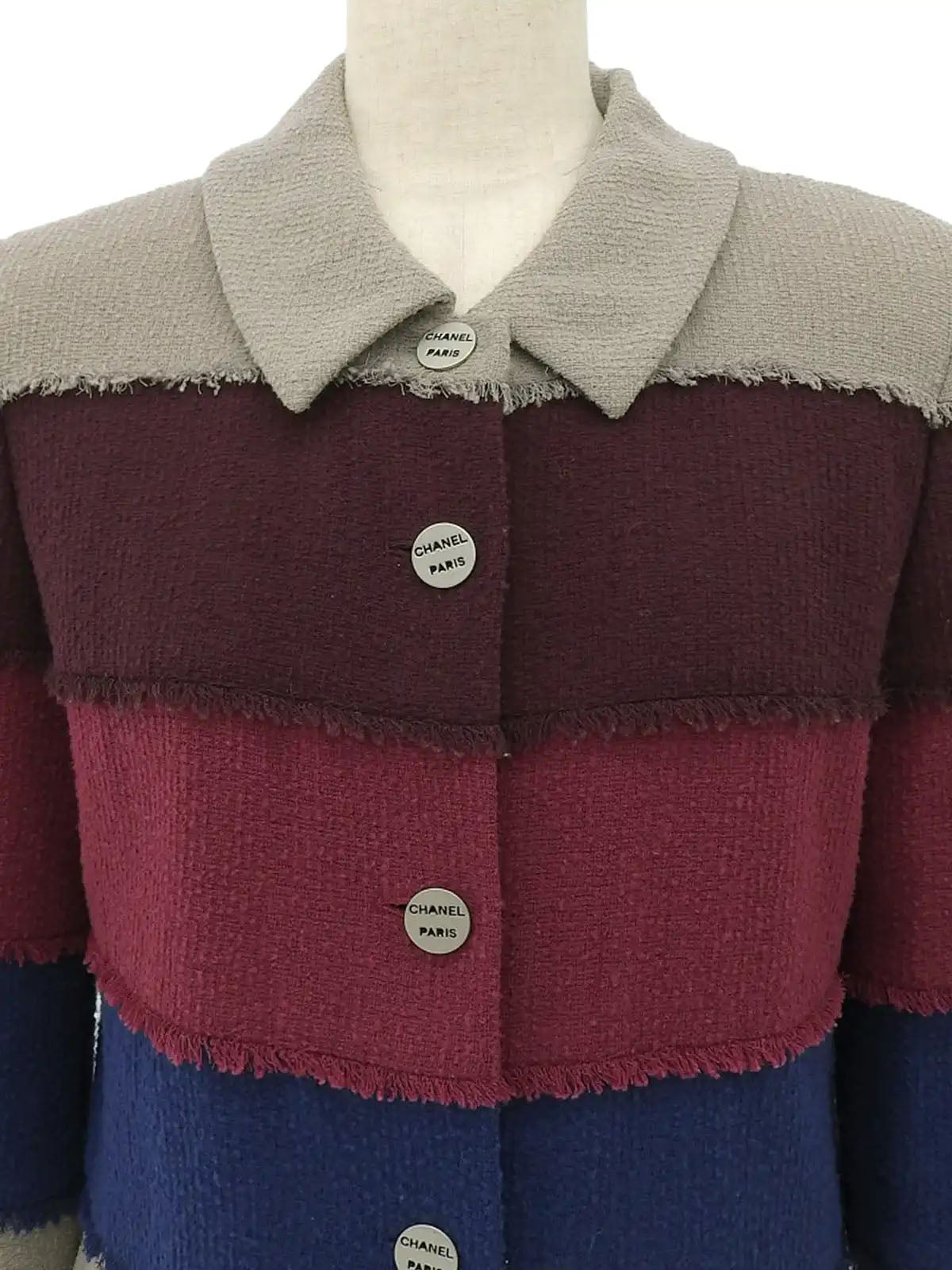 2000 Logo Cutout Button Fringe Jacket in Greige/Purple/Blue