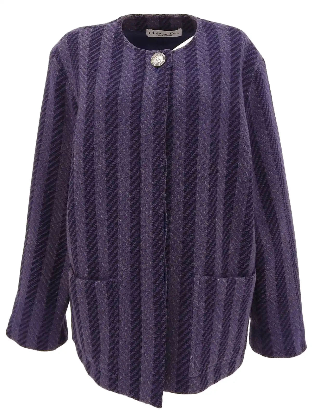 Stripe pattern logo button collarless coat in purple/black/gray