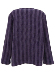 Stripe pattern logo button collarless coat in purple/black/gray