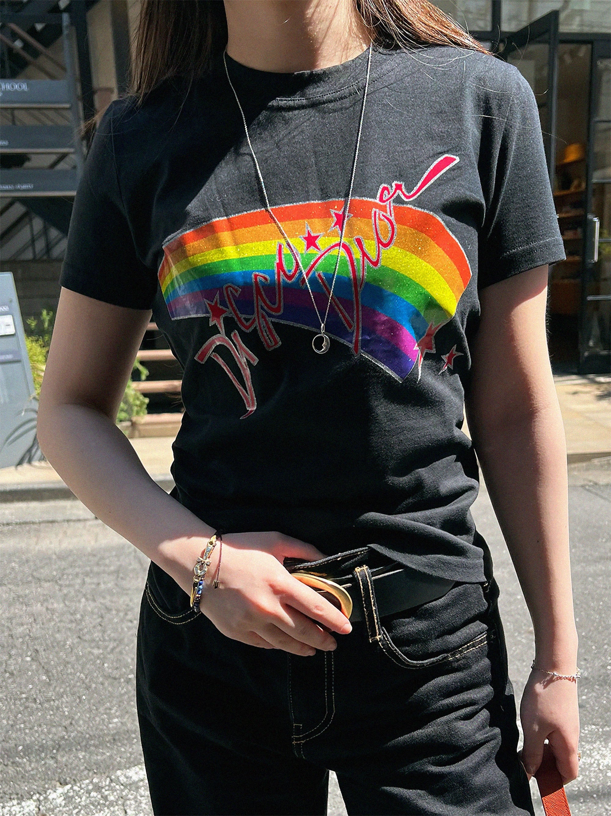 Logo Rainbow Print Half Sleeve Top in Black/Multi