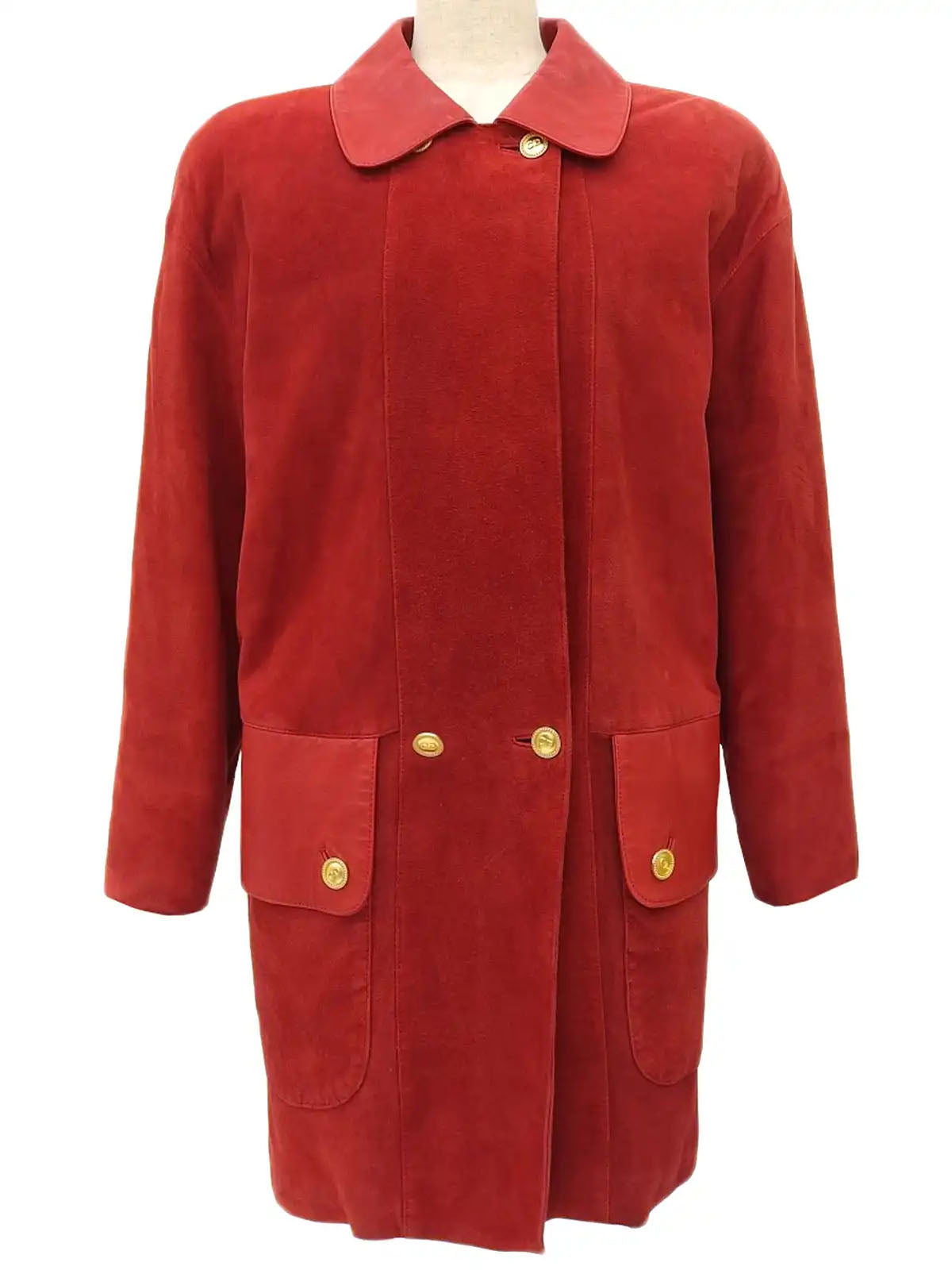 Suede Leather Combination Logo Button Coat in Red