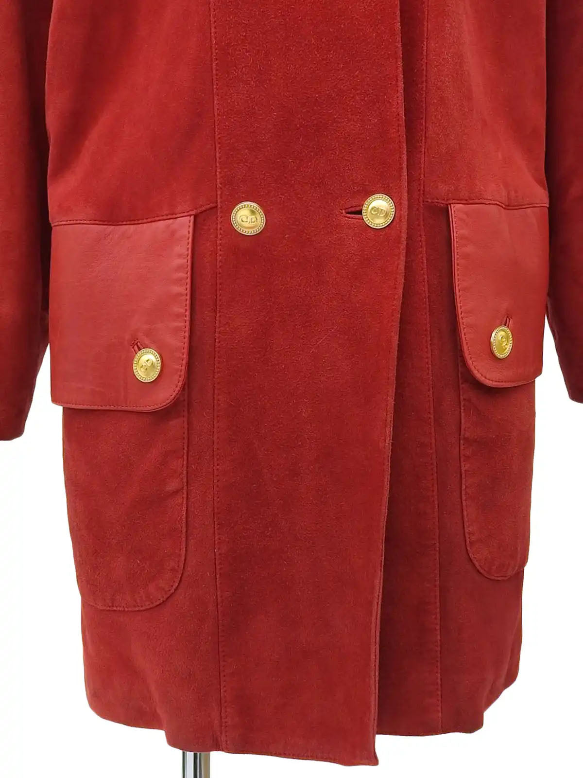 Suede Leather Combination Logo Button Coat in Red