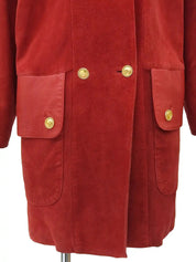 Suede Leather Combination Logo Button Coat in Red