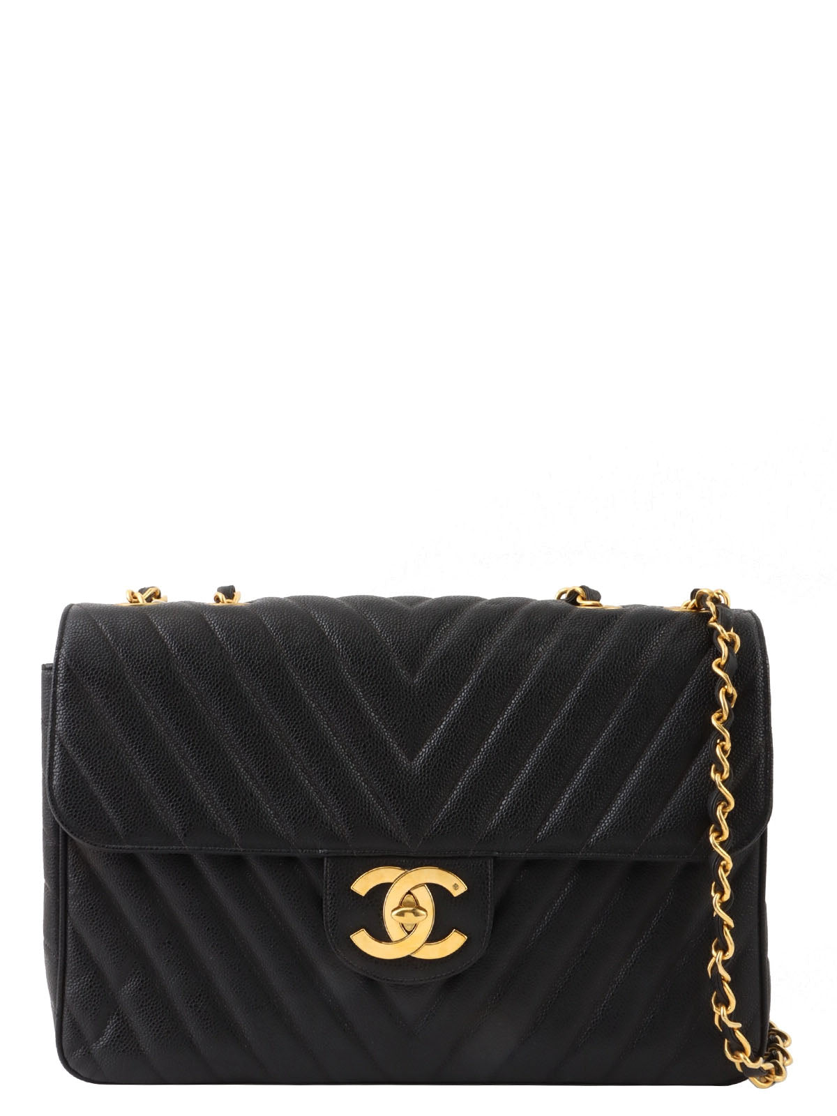 1992 Caviar Skin Chevron CC 旋转锁链大号黑色包