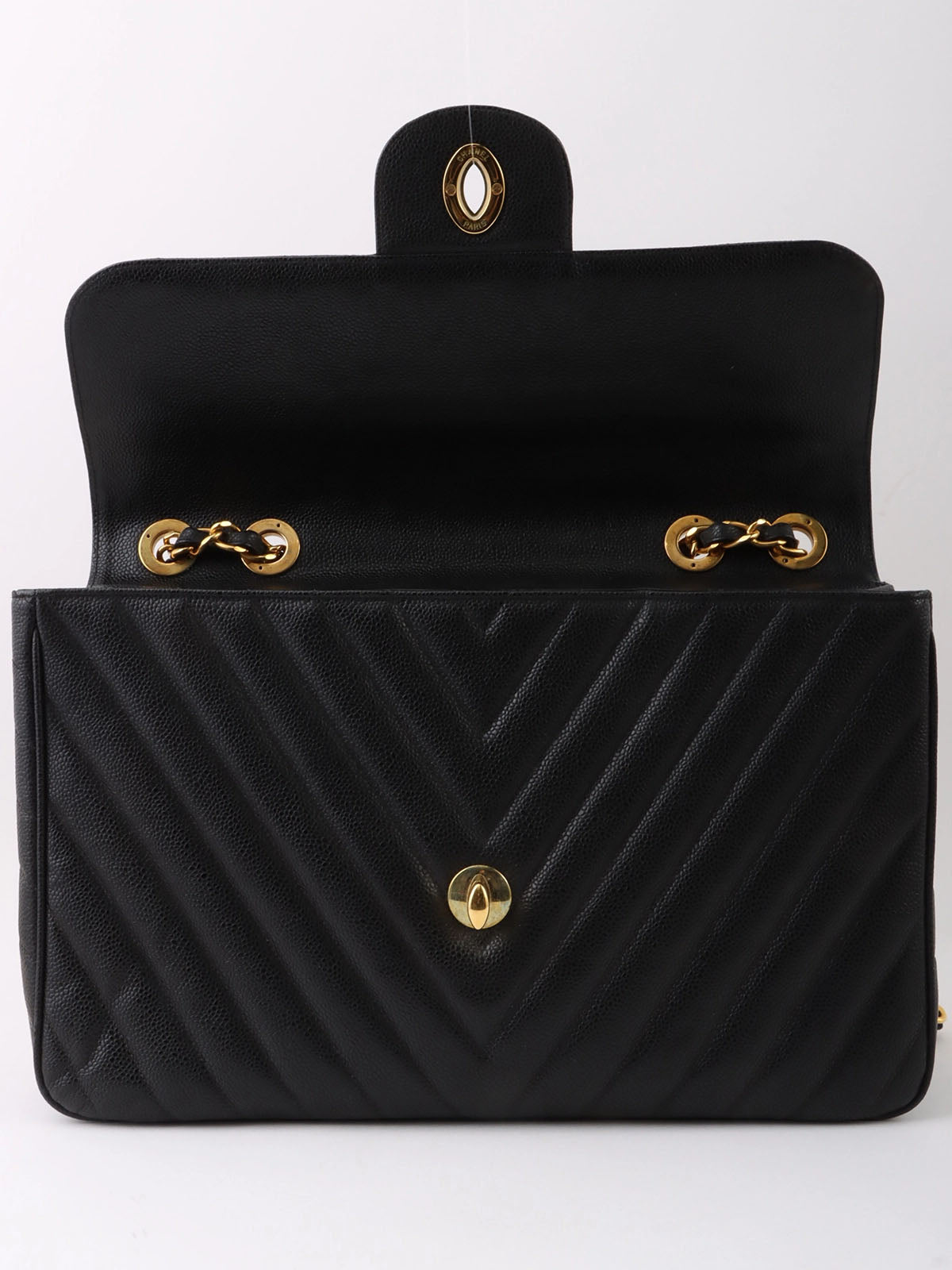 1992 Caviar Skin Chevron CC 旋转锁链大号黑色包
