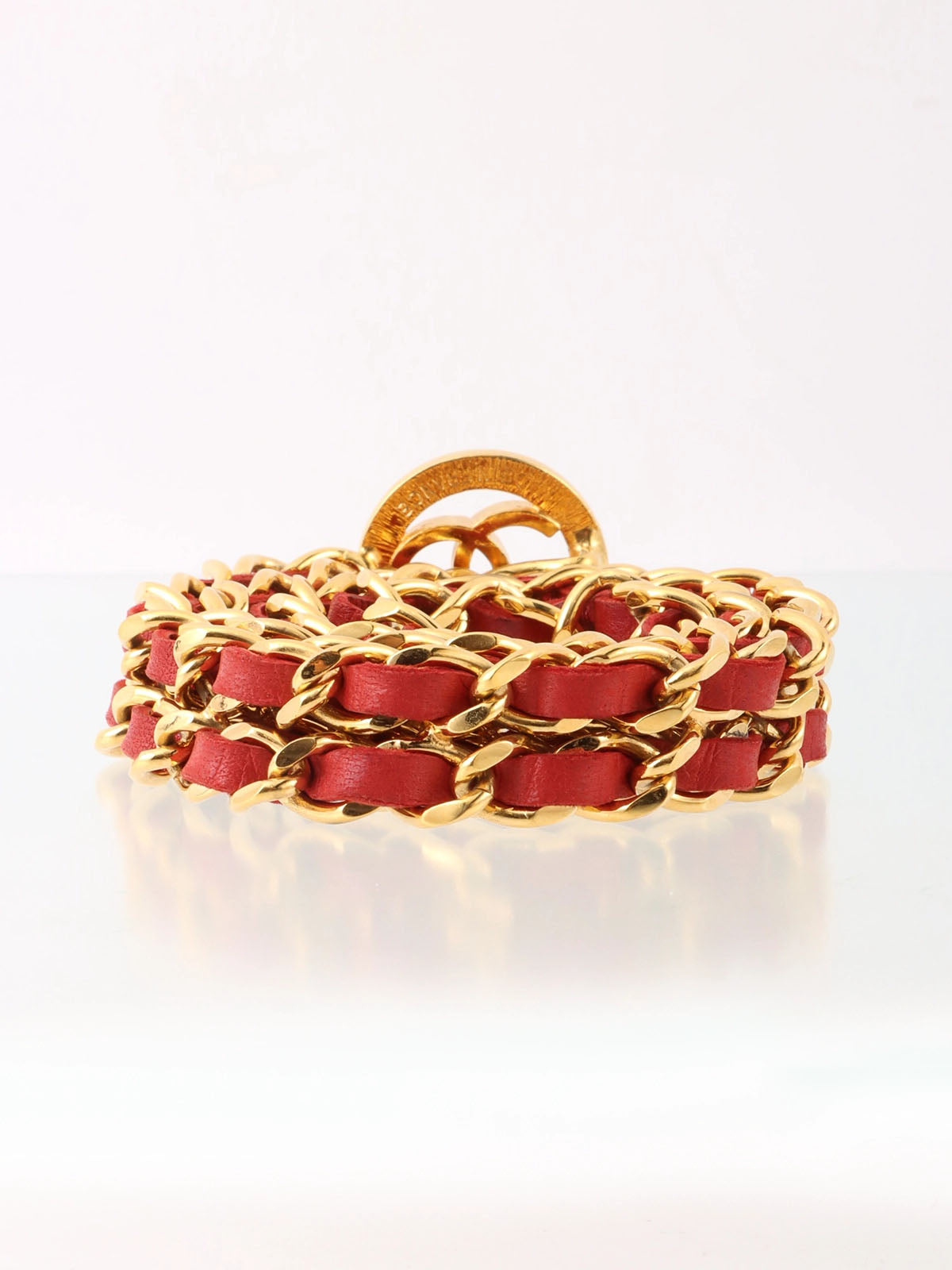 Round CC Mark Plate Chain Belt Gold/Red