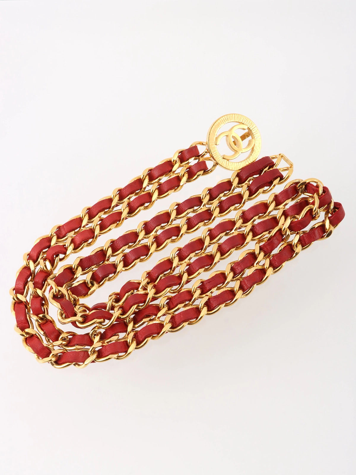 Round CC Mark Plate Chain Belt Gold/Red