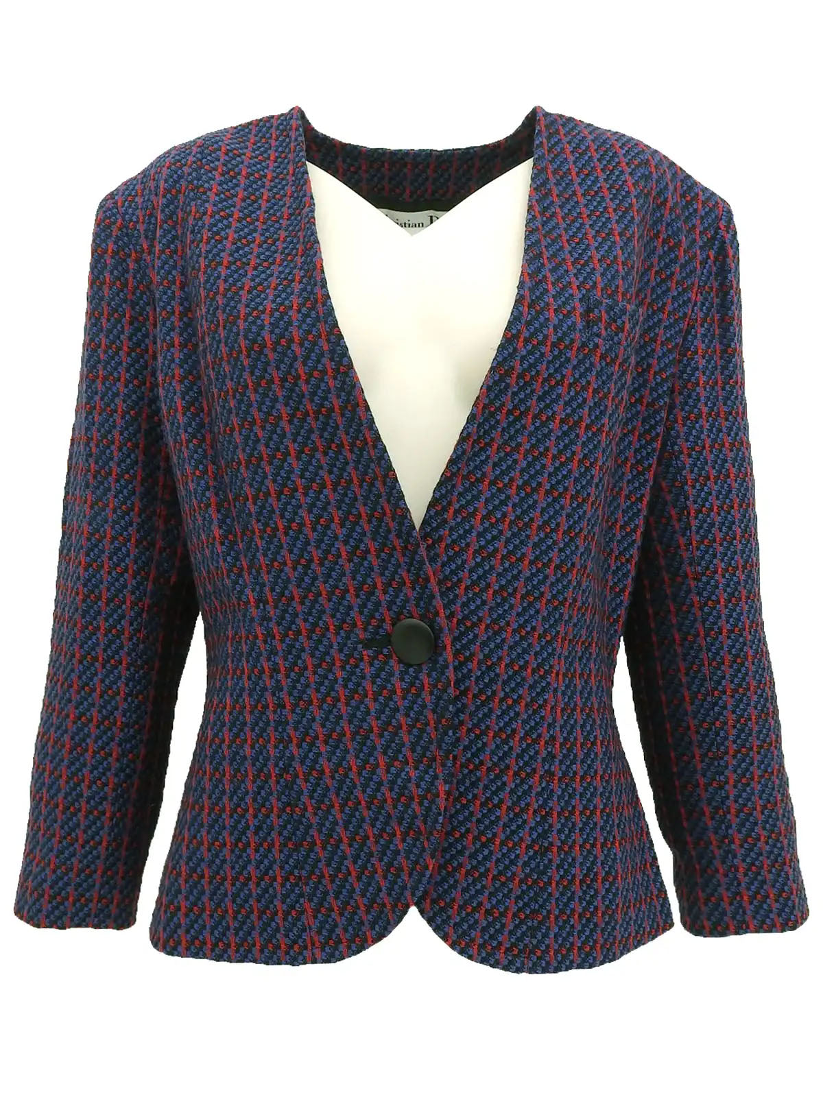 Wool check pattern collarless jacket in blue, red, and multicolor