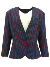 Wool check pattern collarless jacket in blue, red, and multicolor