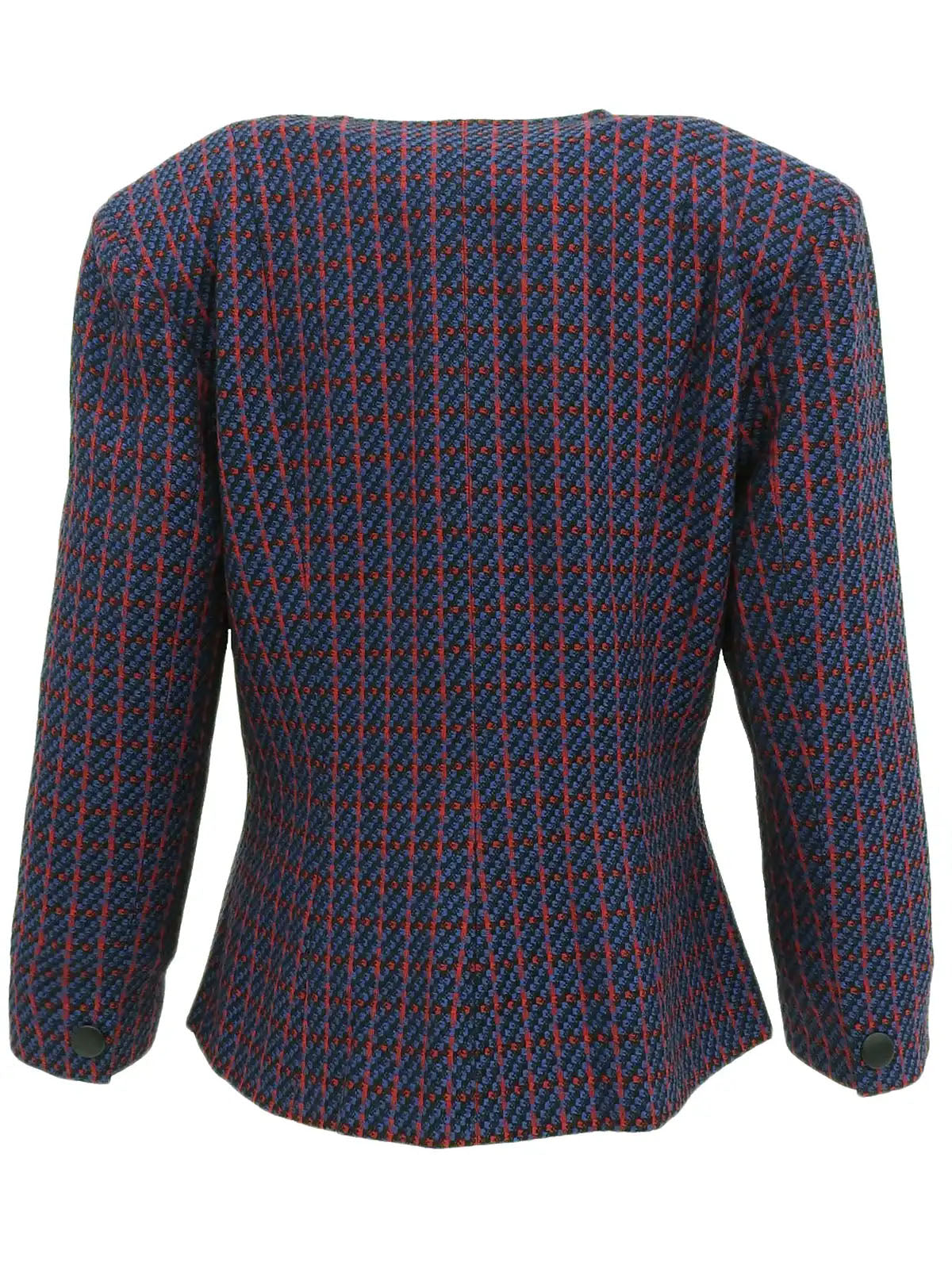 Wool check pattern collarless jacket in blue, red, and multicolor