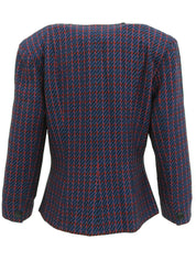 Wool check pattern collarless jacket in blue, red, and multicolor