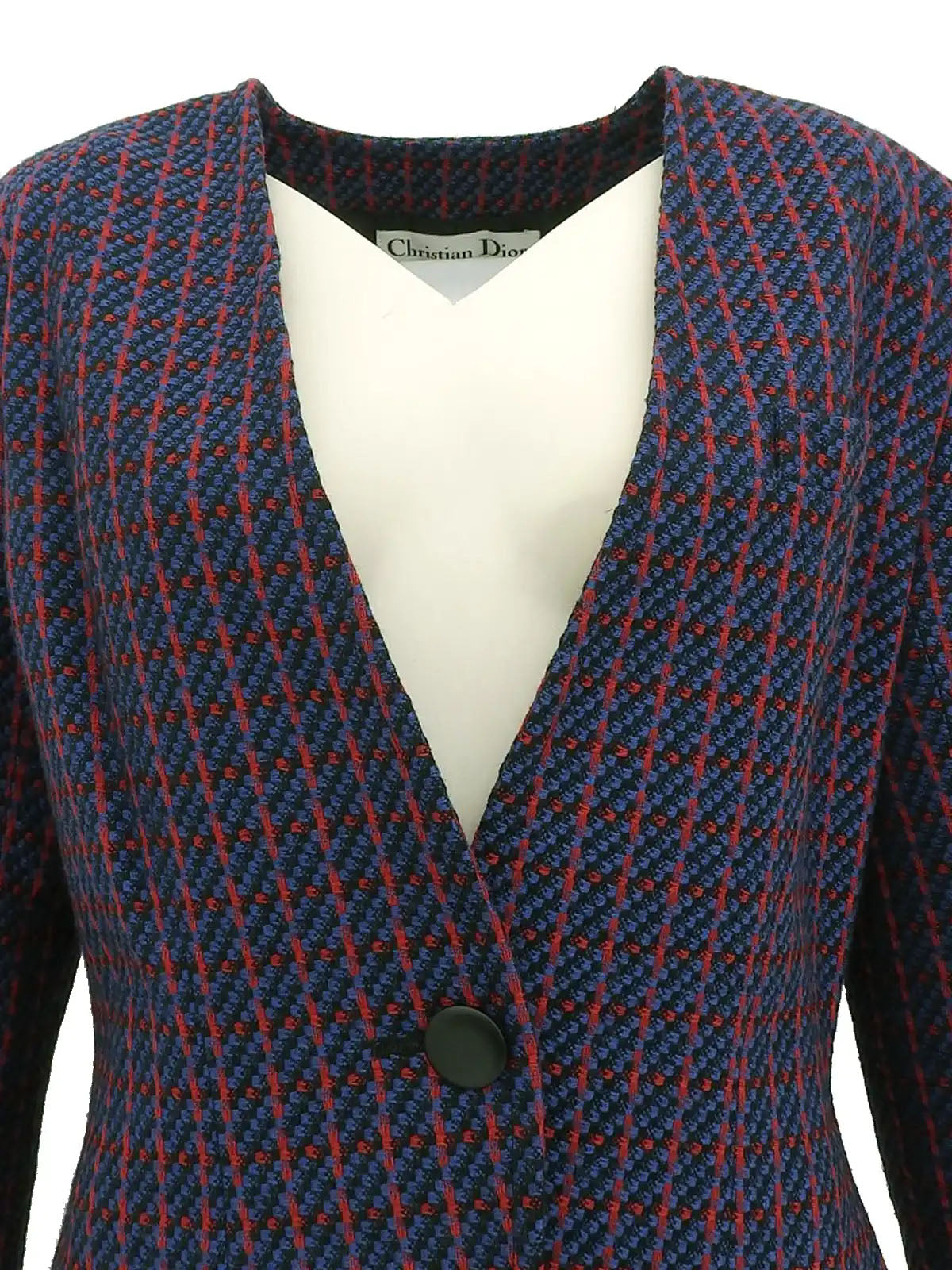 Wool check pattern collarless jacket in blue, red, and multicolor