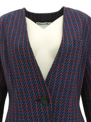 Wool check pattern collarless jacket in blue, red, and multicolor