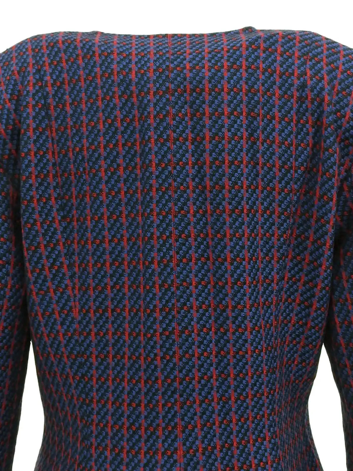 Wool check pattern collarless jacket in blue, red, and multicolor