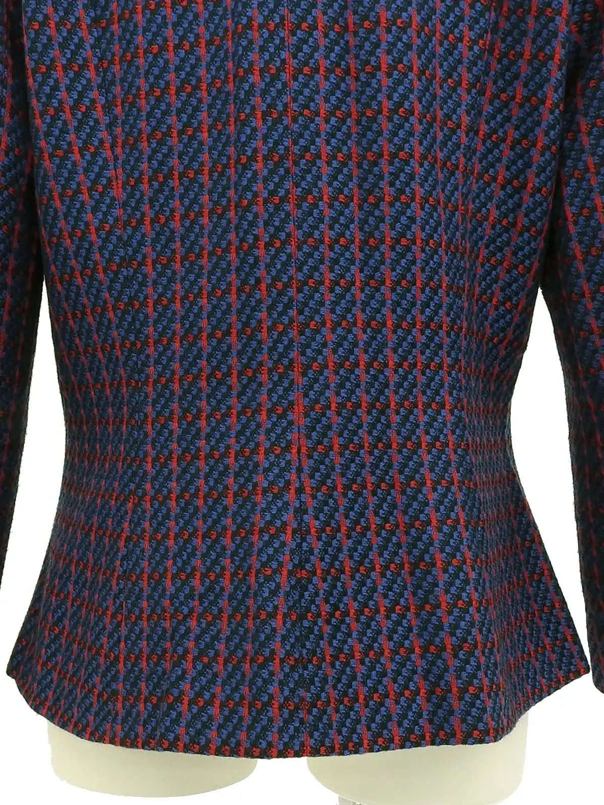 Wool check pattern collarless jacket in blue, red, and multicolor