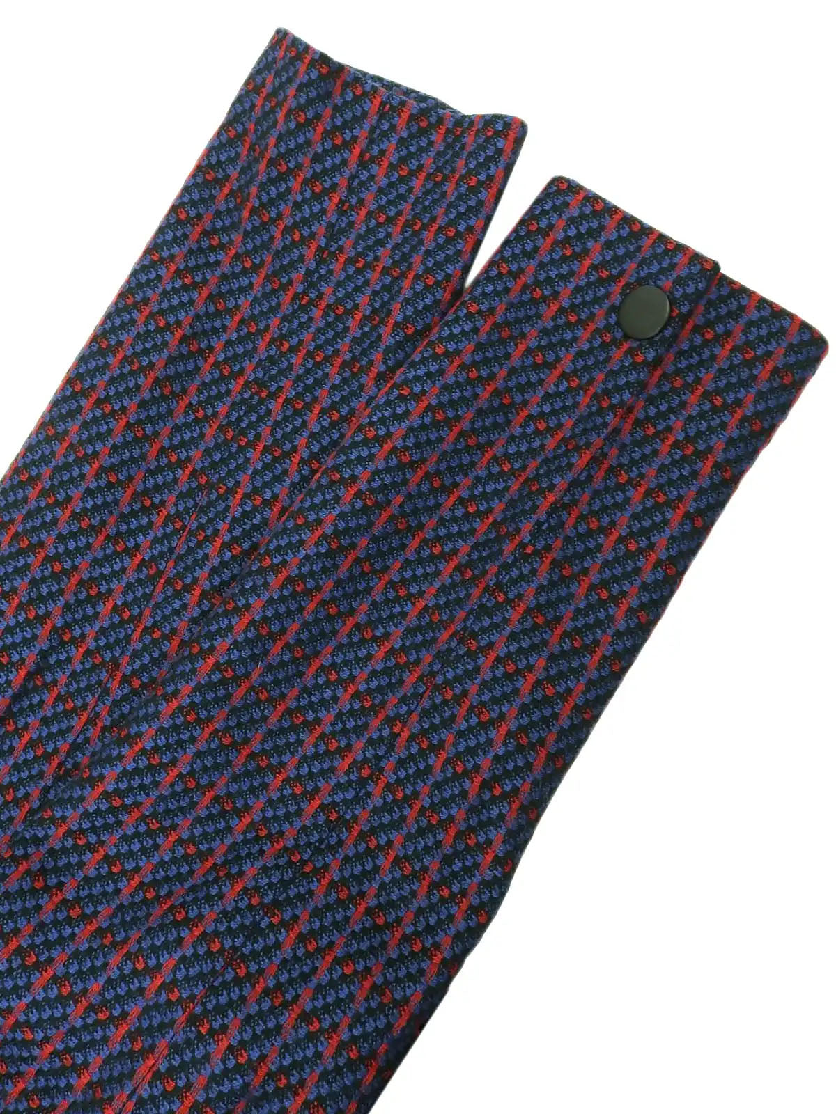 Wool check pattern collarless jacket in blue, red, and multicolor