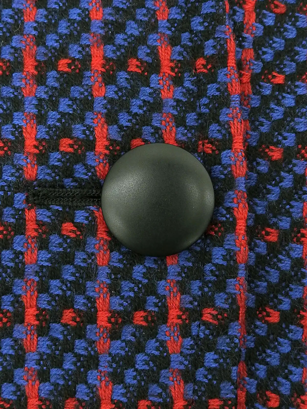 Wool check pattern collarless jacket in blue, red, and multicolor