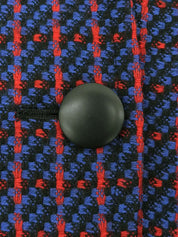Wool check pattern collarless jacket in blue, red, and multicolor