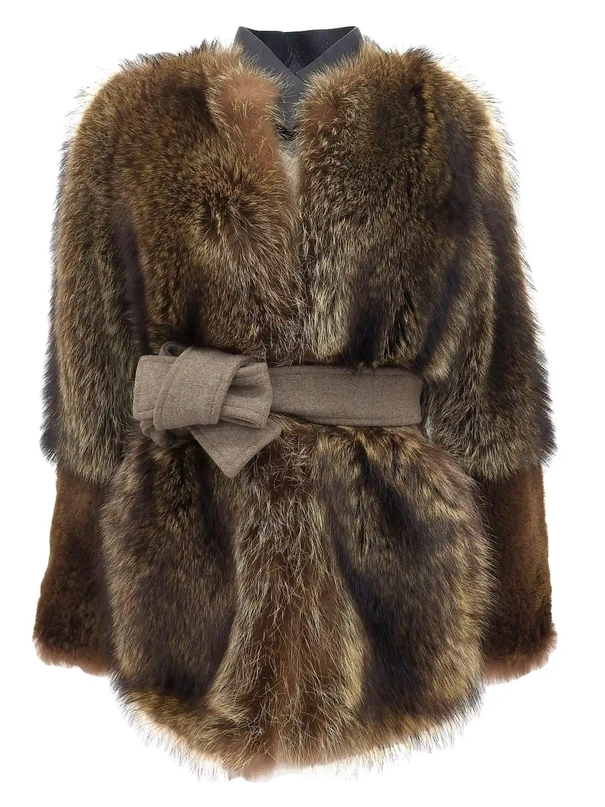 ウールフィンラクーンファーコンビショートコート ベージュ/ブラウン