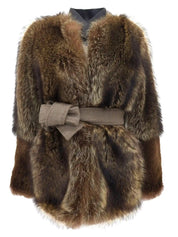 ウールフィンラクーンファーコンビショートコート ベージュ/ブラウン