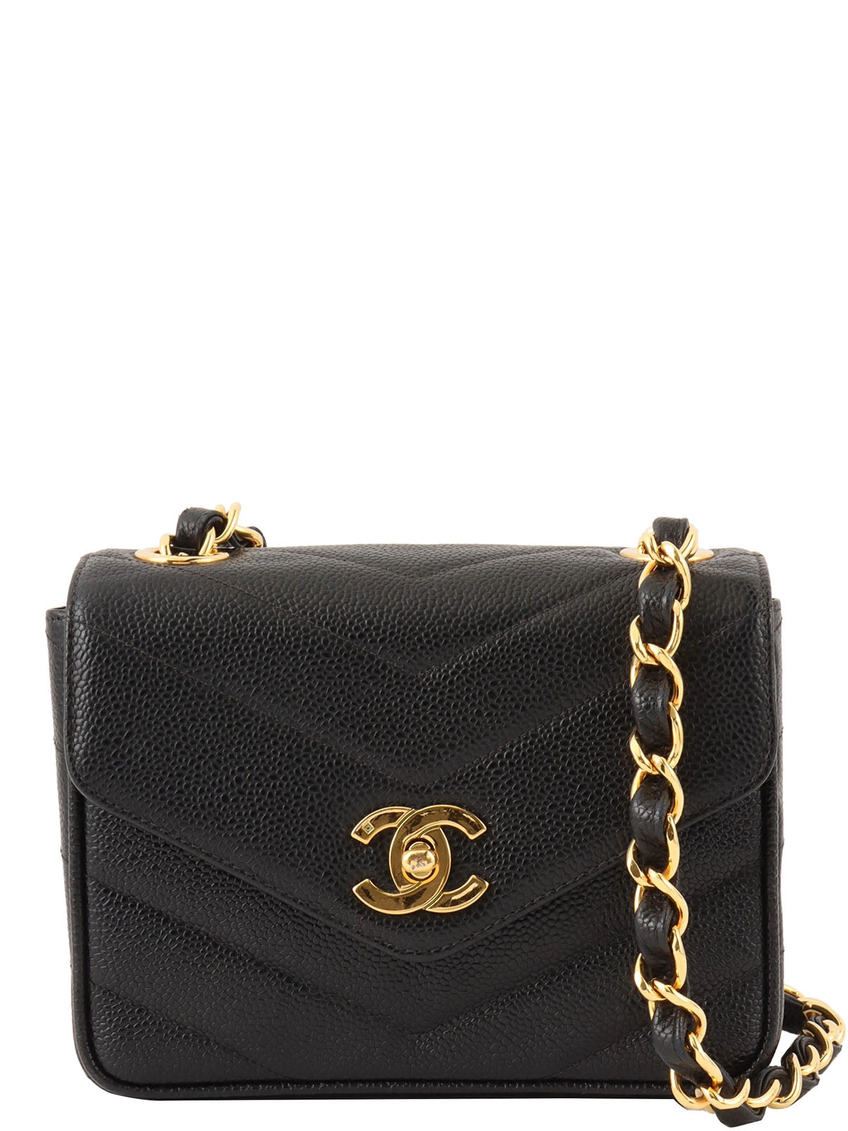 1995 Caviar Skin V-Stitch CC Turnlock Shoulder Bag in Black