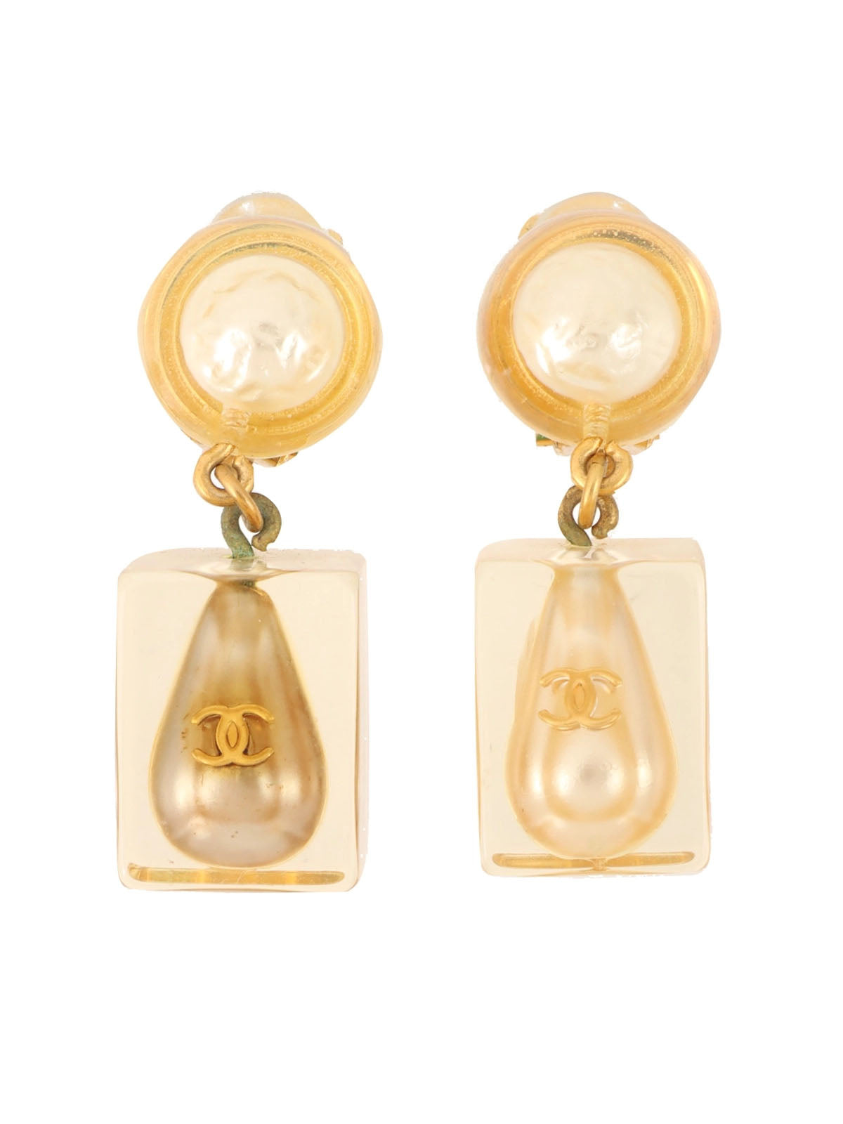 1997 Square Pearl CC Mark Swing Earrings Clear/White