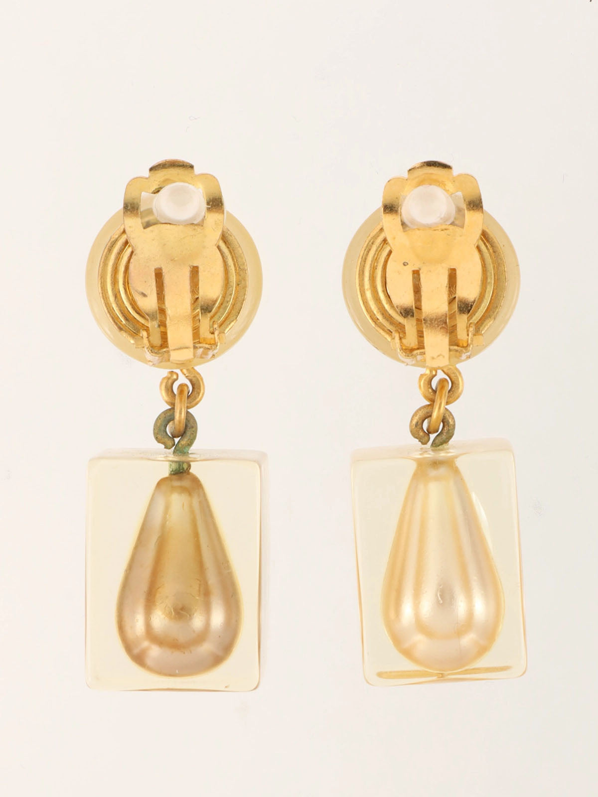 1997 Square Pearl CC Mark Swing Earrings Clear/White