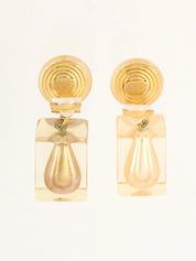 1997 Square Pearl CC Mark Swing Earrings Clear/White