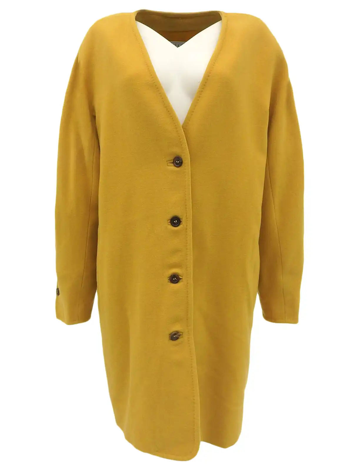 Wool collarless long coat in mustard yellow