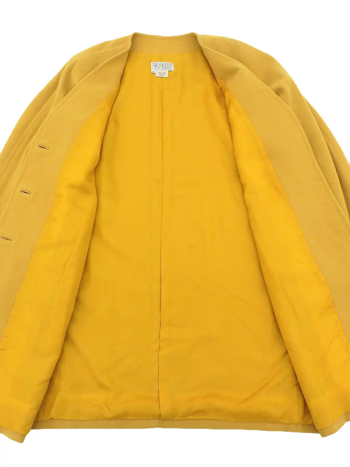 Wool collarless long coat in mustard yellow