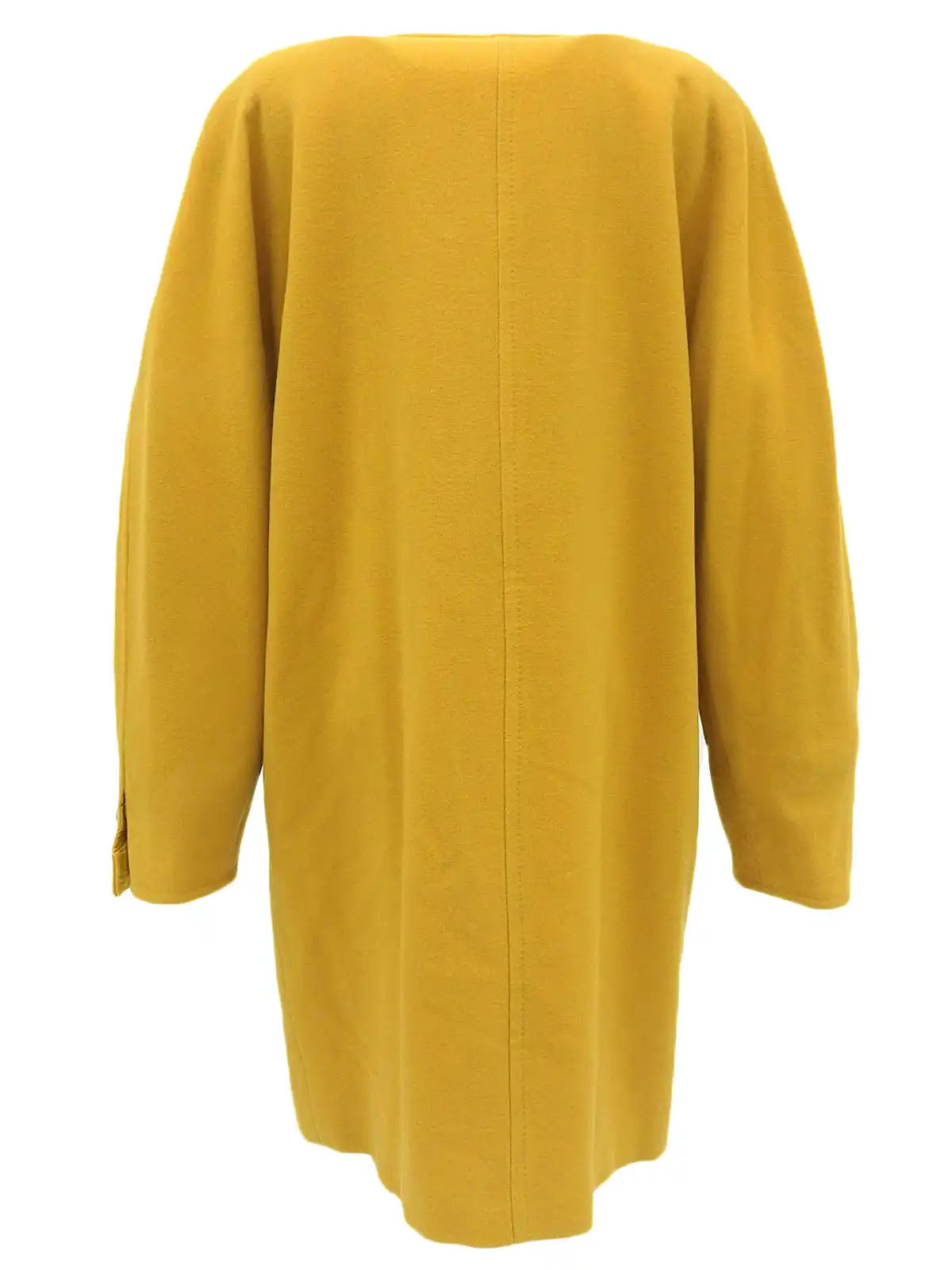 Wool collarless long coat in mustard yellow