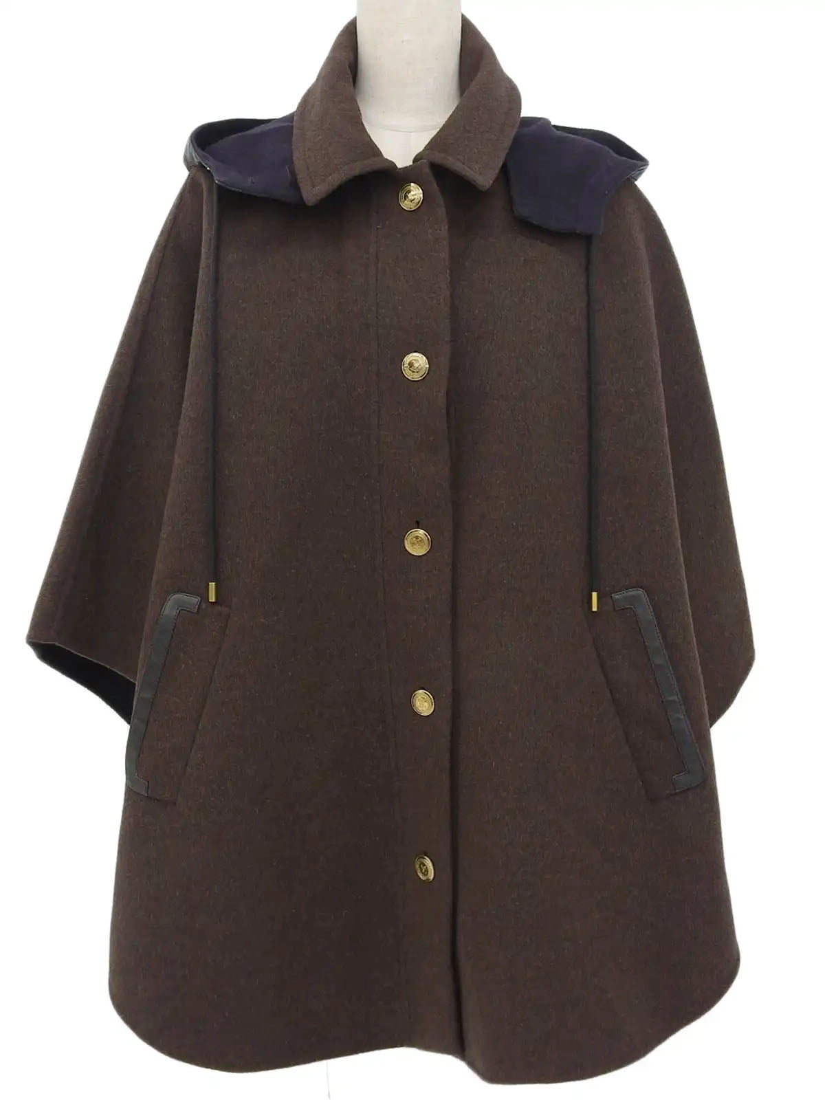 Wool logo button poncho coat in dark brown/navy