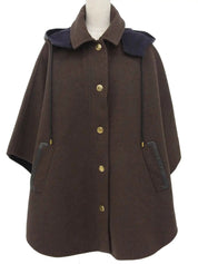 Wool logo button poncho coat in dark brown/navy