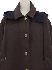 Wool logo button poncho coat in dark brown/navy