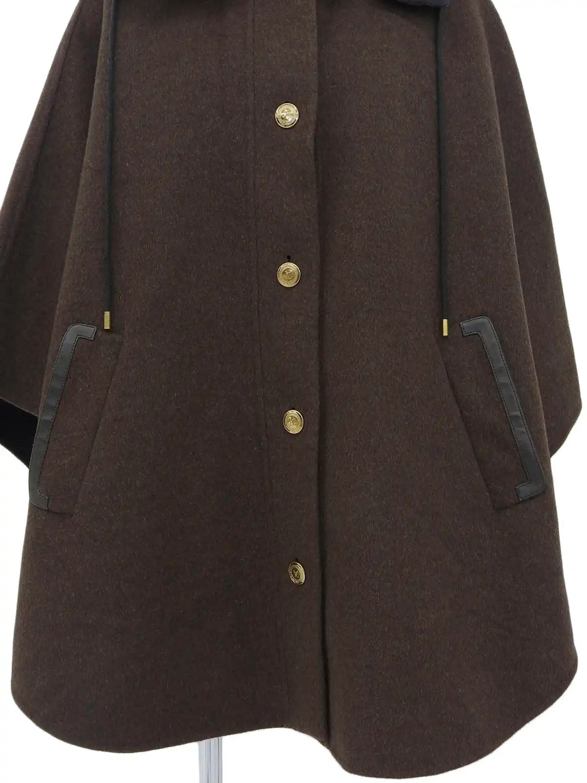 Wool logo button poncho coat in dark brown/navy