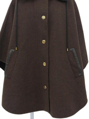 Wool logo button poncho coat in dark brown/navy