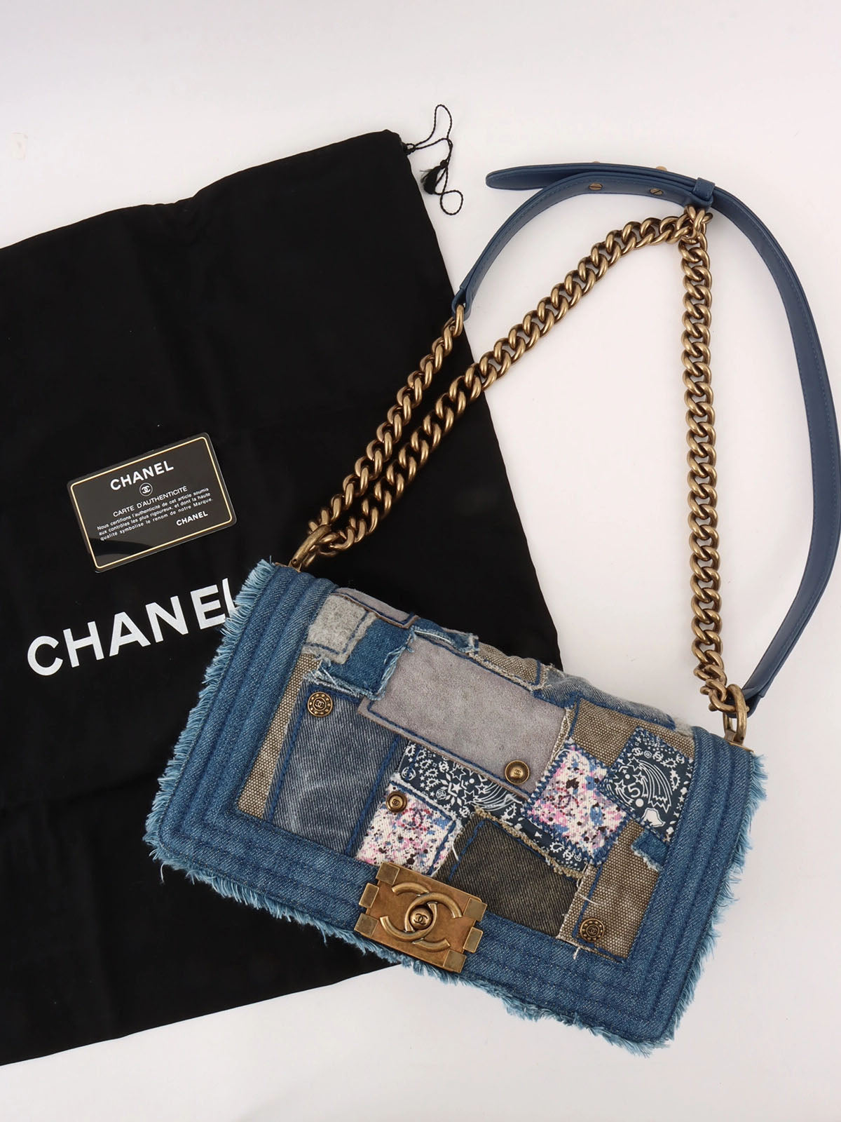 2015 牛仔布拼布 Boy Chanel 链条单肩包 蓝色/多色