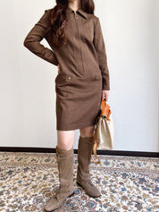 Brown wool oval zip-up long sleeve dress