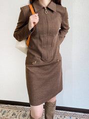 Brown wool oval zip-up long sleeve dress