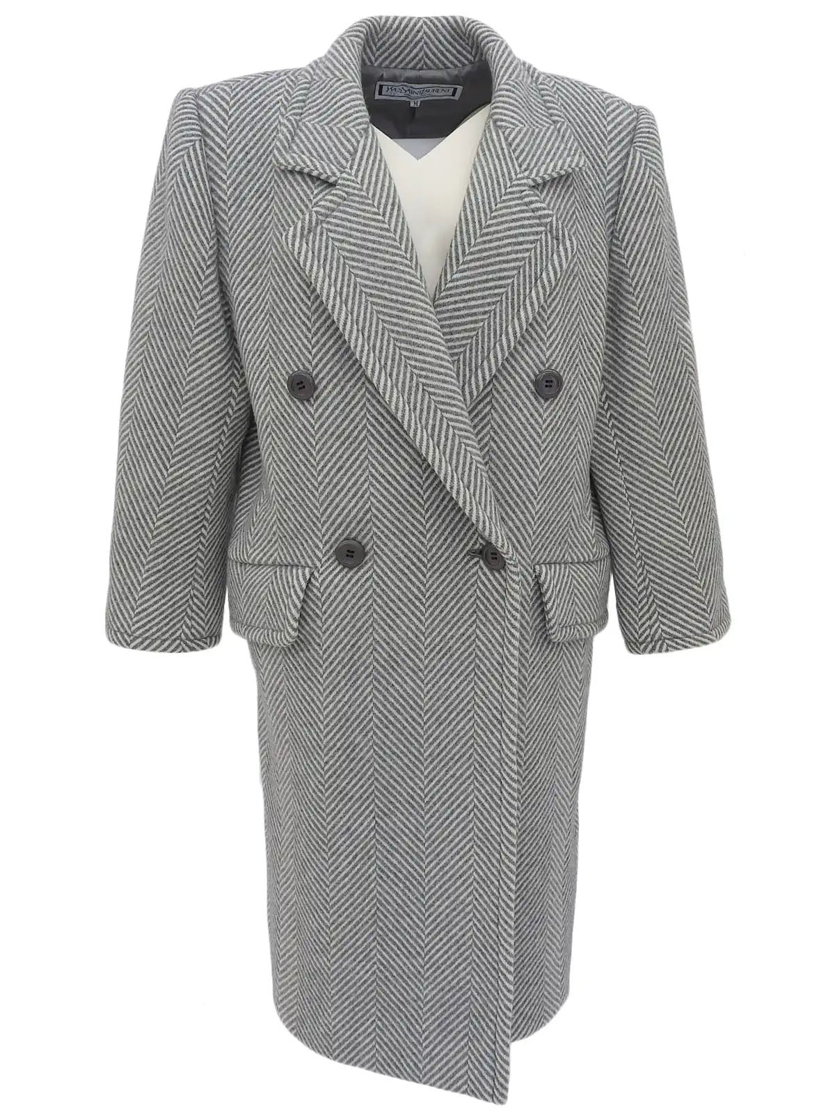 Herringbone pattern double-breasted long coat in gray/white