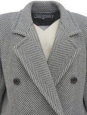 Herringbone pattern double-breasted long coat in gray/white