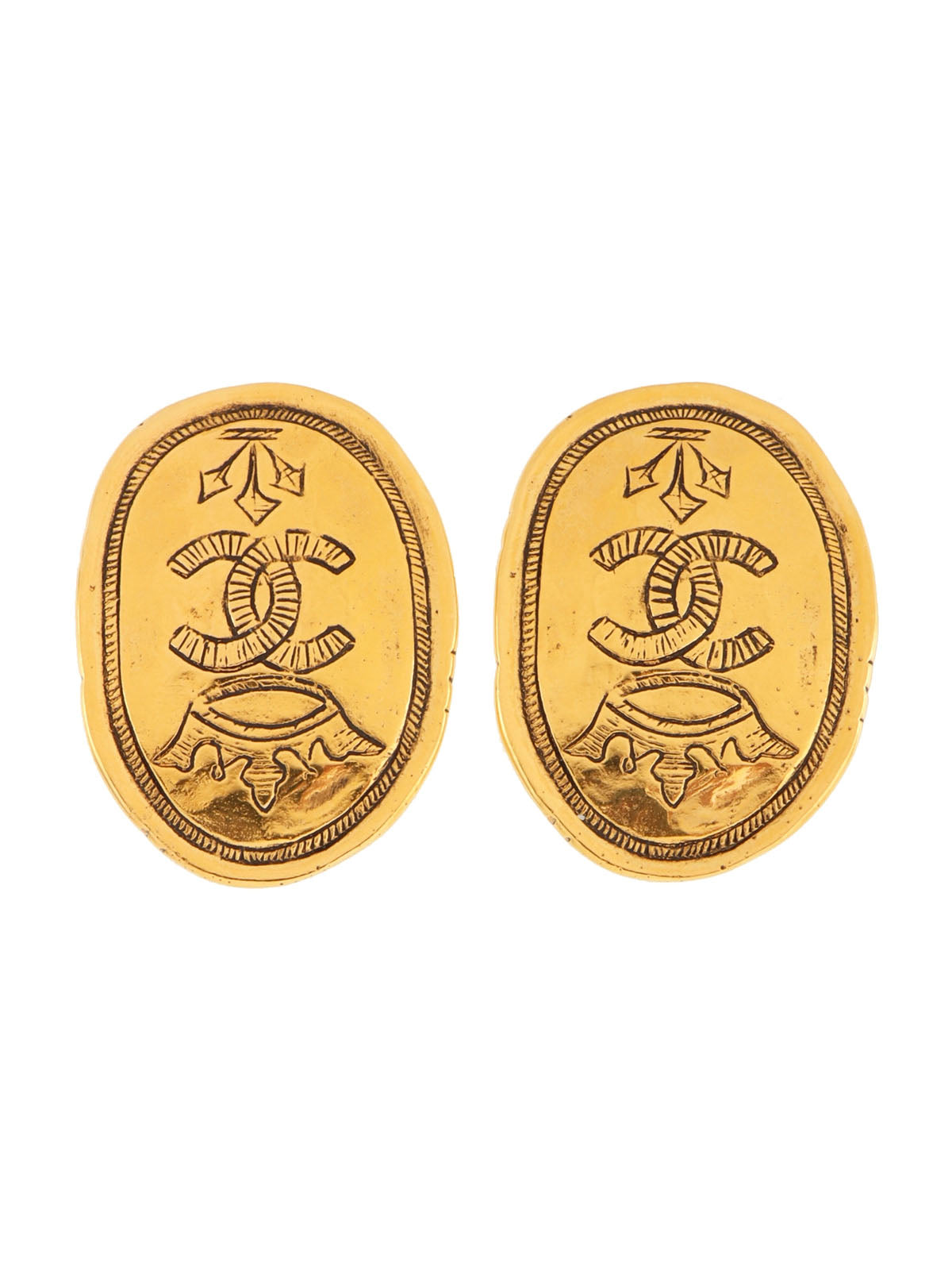 1991 Oval Crown CC Mark Earrings Gold