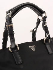 Nylon logo plate tote bag in black