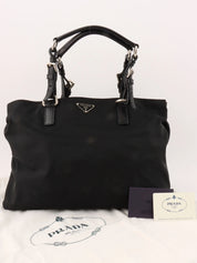 Nylon logo plate tote bag in black