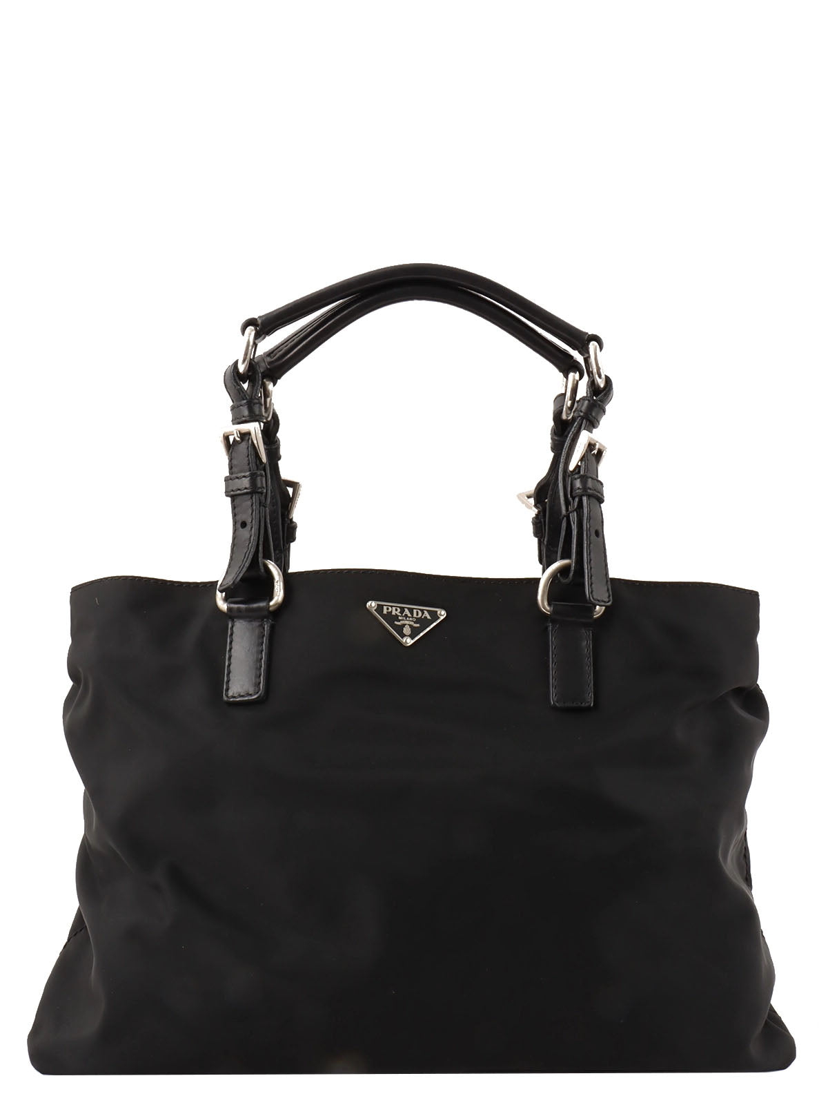 Nylon logo plate tote bag in black