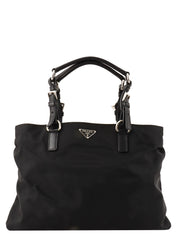 Nylon logo plate tote bag in black