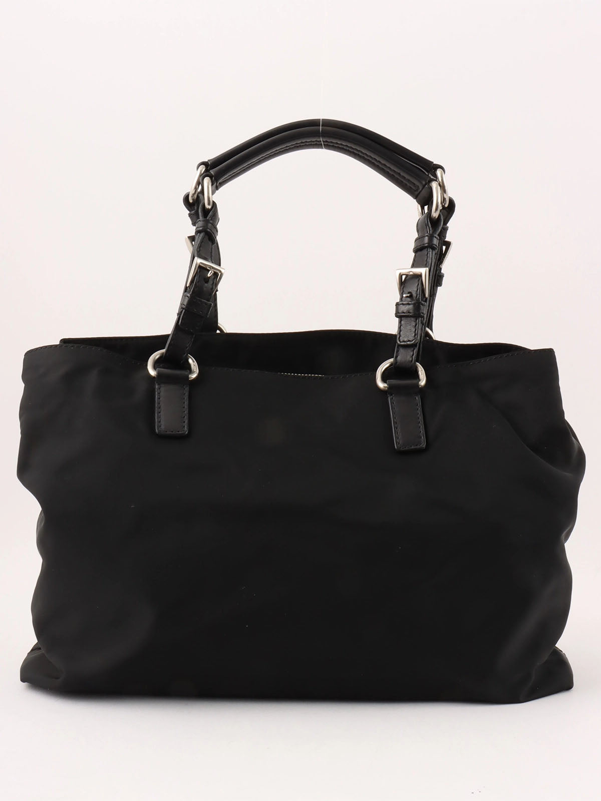 Nylon logo plate tote bag in black