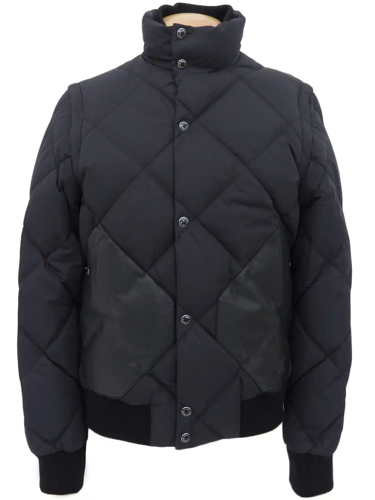Nylon Leather Combination Logo Button 2-Way Down Jacket in Black