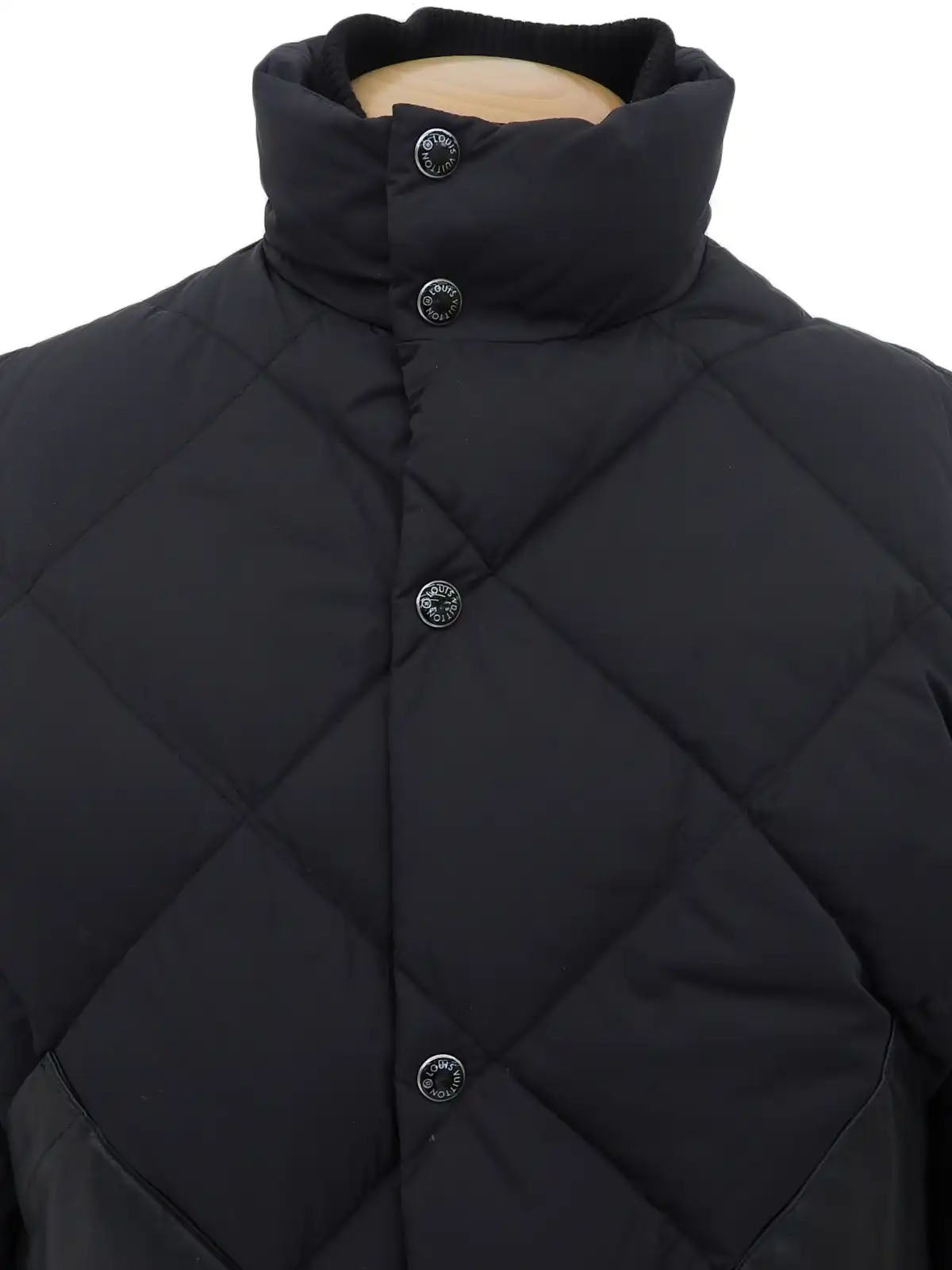 Nylon Leather Combination Logo Button 2-Way Down Jacket in Black