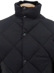 Nylon Leather Combination Logo Button 2-Way Down Jacket in Black